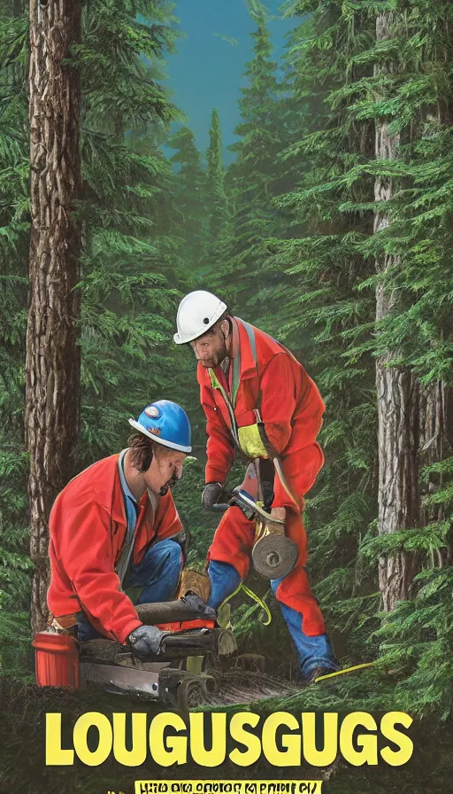 Prompt: movie poster of loggers cutting douglas firs, highly detailed., hyper realistic, large text, bright colours