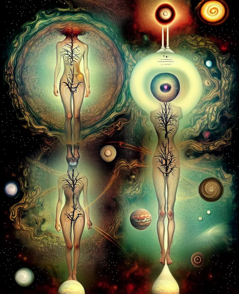 Image similar to inside the universe of a human body soul, whimsical uncanny creature alchemizes unique canto about'as above so below'being ignited by the spirit of haeckel and robert fludd, breakthrough is iminent, glory be to the magic within, to honor jupiter, surreal collage by ronny khalil