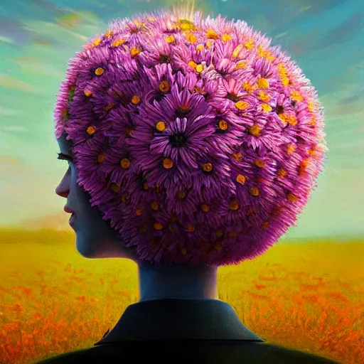 Image similar to enlarged daisy flower head, frontal, girl in a suit, surreal photography, sunrise, dramatic light, impressionist painting, digital painting, artstation, simon stalenhag