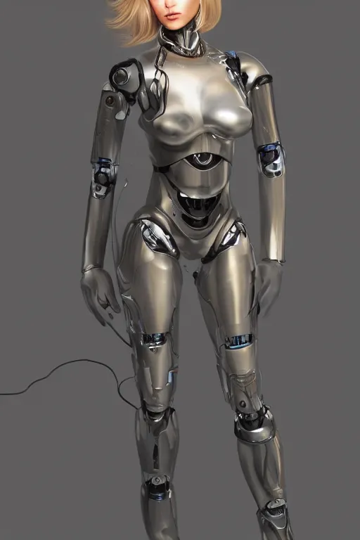 Image similar to a beautiful woman with blonde hair wearing robot suit with wires and light, highly detailed, photorealistic, artstation, smooth