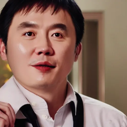 Prompt: ceo of binance changpeng zhao in the shining movie, axe scene, photorealistic