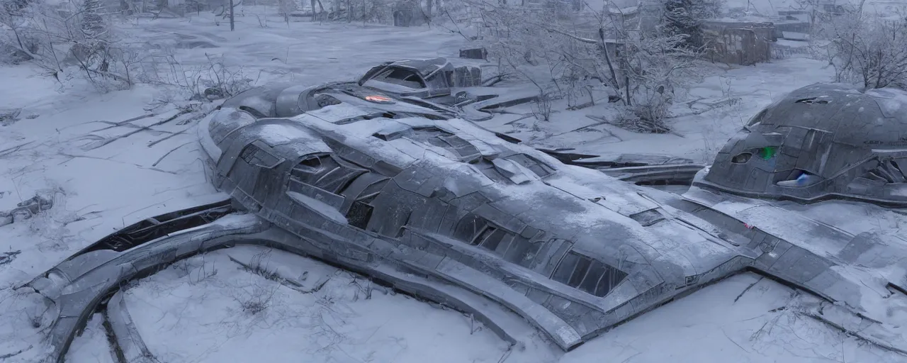 Prompt: abandoned starship in covered in snow, hyper detailed, ultra realistic