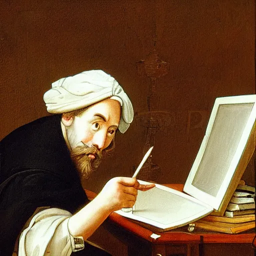 Image similar to painter drawing a computer, baroque