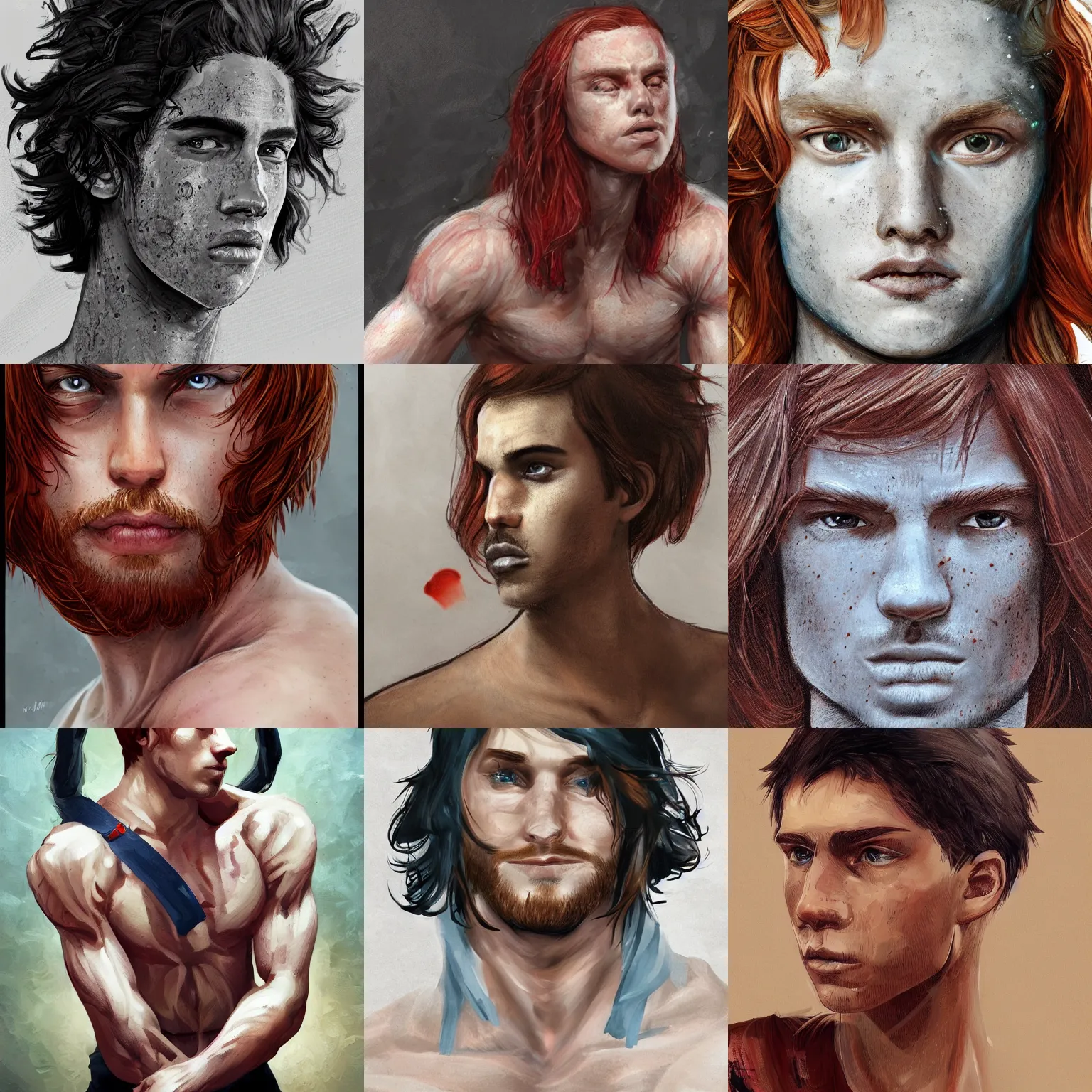 Image similar to portrait of a teen boy with long red hair and a lot of freckles and muscular, intricate, highly detailed, digital painting, artstation, sharp focus, illustration