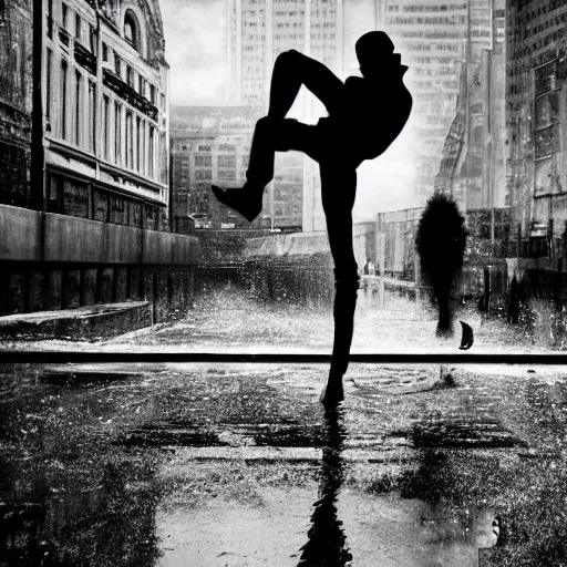 Image similar to a highly detailed epic cinematic black and white cyberpunk artwork photograph inspired by Henri Cartier-Bresson's Behind Gare Saint-Lazare, man jumping over a puddle of water. World Press Photo winner, enhanced and corrected in Photoshop, octane render, excellent composition, cinematic atmosphere, dynamic dramatic cinematic lighting, aesthetic, very inspirational, arthouse