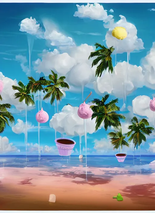 Image similar to ice cream floating in the sky over a tropical island by ralph goings, digital art