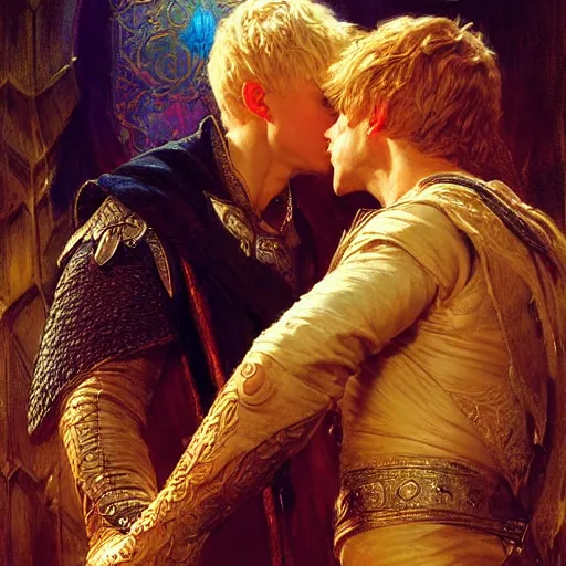 Prompt: stunning arthur pendragon in love with stunning merlin the mage. they are close to each other, touching, looking. highly detailed painting by gaston bussiere, craig mullins, j. c. leyendecker