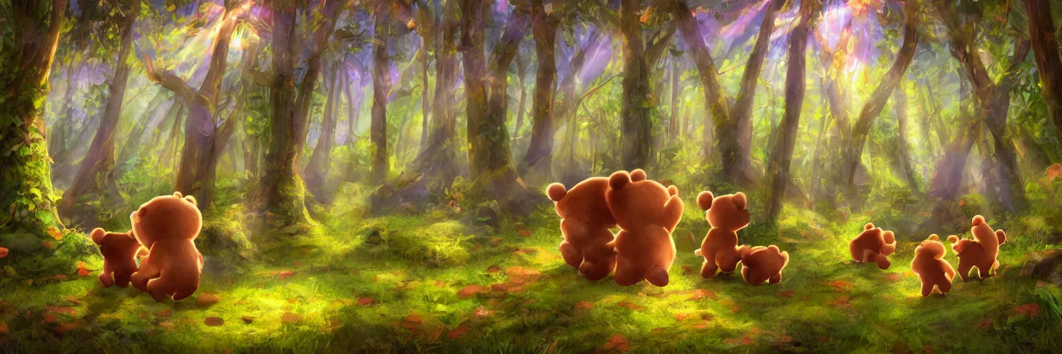 Prompt: a lodge in the middle of a magical forest with two cute humanoid bear cubs standing in front of it, light rays are shining through the leaves of the trees above, magical environment, beautiful light. trending on artstation 4 k award winning artwork of an unknown artist. vivid colors. detailed painting. kids book illustration.