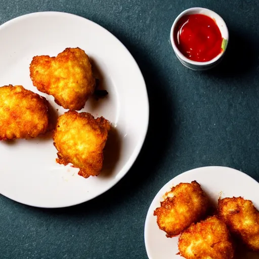 Image similar to food photo of channing tatum's face as tater tot on a plate with ketchup