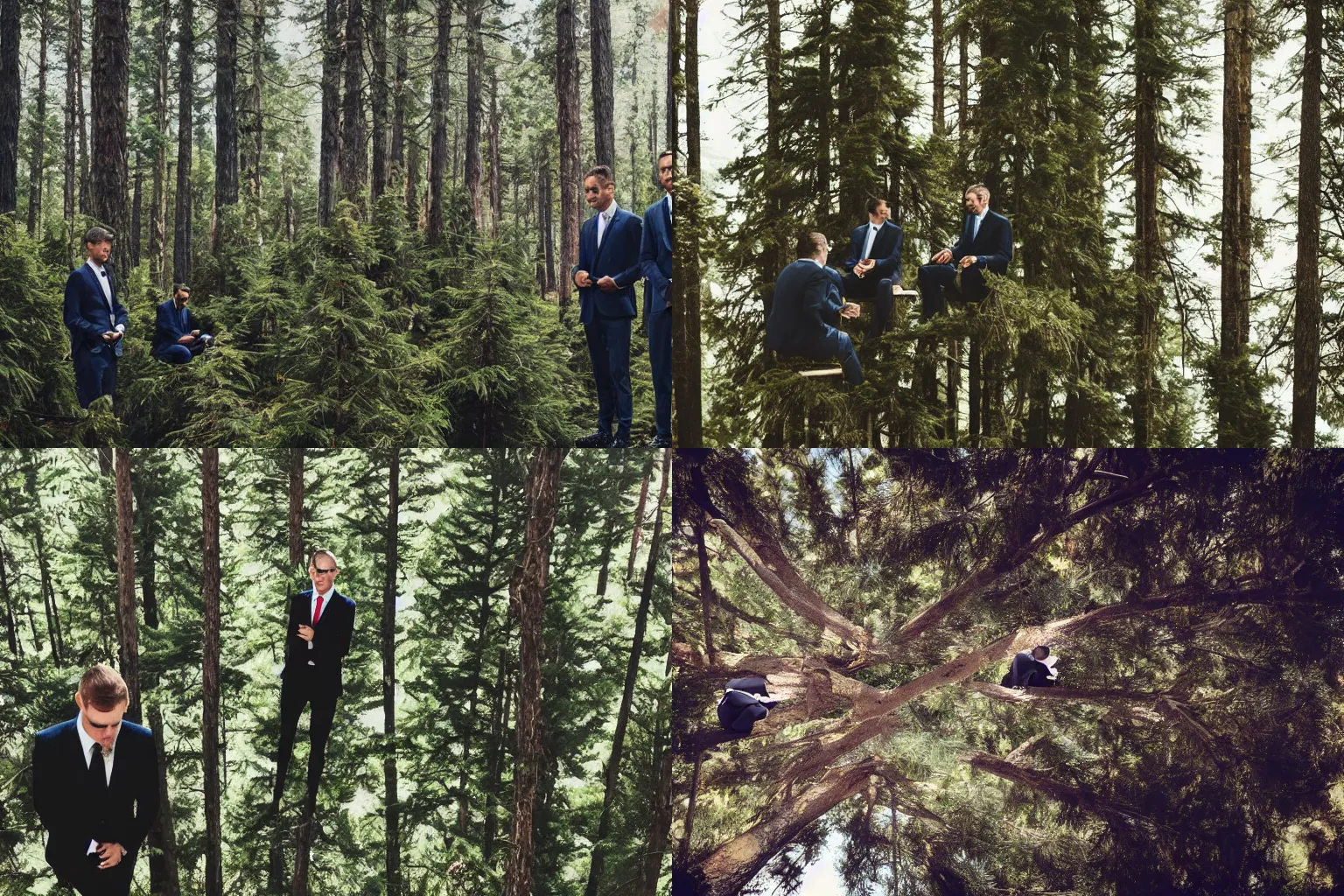 Prompt: men in suits sitting in the top of pine trees in a forest