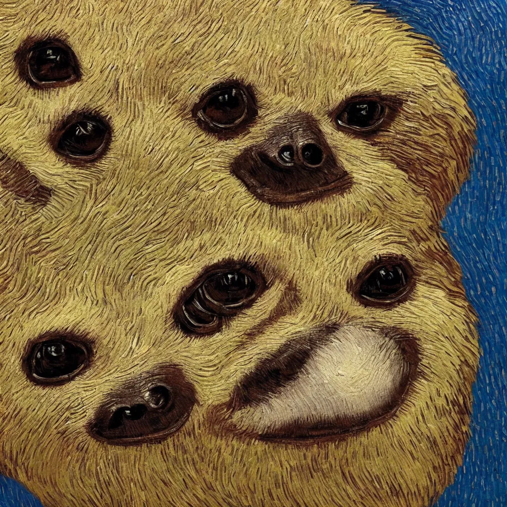 Image similar to a beautiful oil painting of a sloth's face in the style of van Gogh