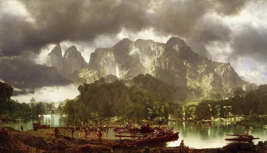 Prompt: a small village by a lake, waterfalls, boats on pebbly beach, rocky mountains topped by dark clouds, by john berkey, albert bierstadt, ruan jia, lawrence alma tadema, zdzislaw beksinski, carl spitzweg, everett raymond kinstler, norman rockwell, jack kirby, tom lovell, greg staples