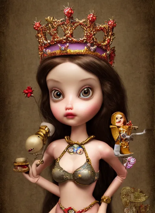 Image similar to highly detailed closeup, profile portrait of a tin toy fairytale princess wearing a crown, bikini, unreal engine, nicoletta ceccoli, mark ryden, earl norem, lostfish, global illumination, detailed and intricate environment