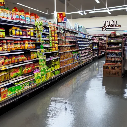 Image similar to photo of a grocery store interior, the floor is flooded with one meter deep water. eerie, volumetric lighting. highly - detailed 4 k