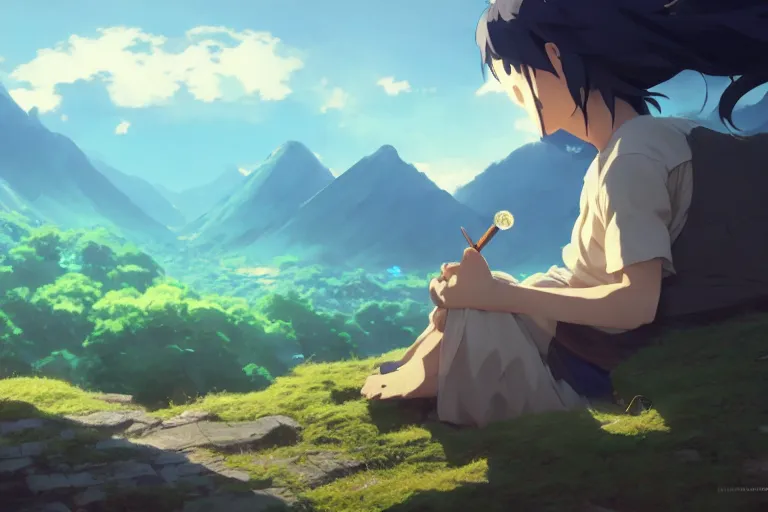 Image similar to ultra realistic, monk smoking, mountain, colors, 8 k, hd, details, fantasy, epic, ancient city, landscape illustration concept art anime key visual trending pixiv fanbox by wlop and greg rutkowski and makoto shinkai and studio ghibli and kyoto animation symmetrical facial features