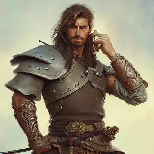Image similar to portrait of a young, ruggedly handsome swordsman, soft hair, muscular, half body, leather, hairy, d & d, fantasy, intricate, elegant, highly detailed, digital painting, artstation, concept art, smooth, sharp focus, illustration, art by artgerm and greg rutkowski and alphonse mucha