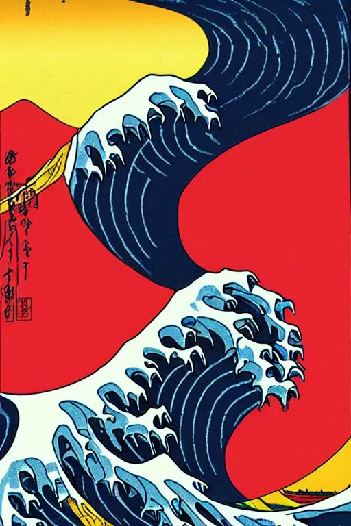 Image similar to Patrick Nagel Poster Illustration of The Great Wave off Kanagawa, sunset in the background and mount fuji