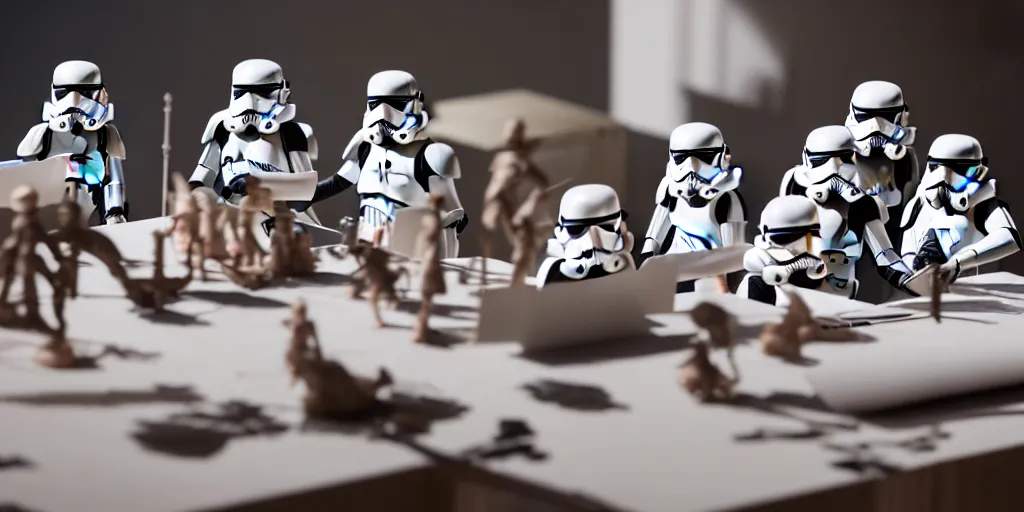 Image similar to closeup portrait of tin toy stormtroopers fighting on white paper table in an artist workshop, depth of field, zeiss lens, detailed, centered, fashion photoshoot, by nicoletta ceccoli, mark ryden, lostfish, breathtaking, 8 k resolution, extremely detailed, beautiful, establishing shot, artistic, hyperrealistic, octane render