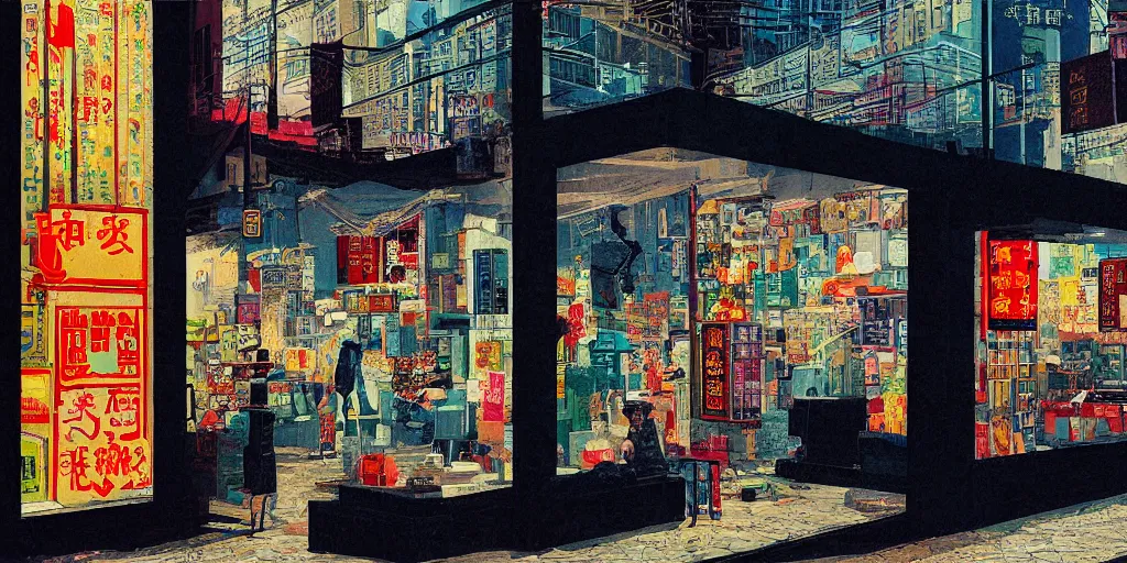 Image similar to a shop window in hong kong, by dan mumford and peter doig and edward hopper, minimal, black in, thick lines highly detailed, muted colours, overlaid with chinese adverts, 8 k