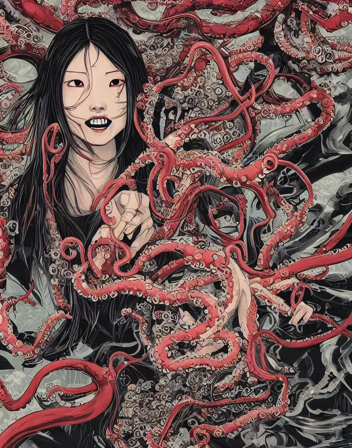 Image similar to intricate comic book style japanese horror poster japanese girl with fangs, graffiti, yokai, tentacles, by dan mumford, makoto shinkai and junji ito, 8k, highly detailed, unreal engine, crisp lines, volumetric lighting, featured on artstation, pixiv