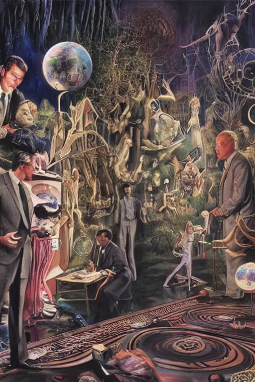 Image similar to an airbrush painting of an elaborate hidden object scene of the tv show the twilight zone ( 1 9 6 0 ) by destiny womack, gregoire boonzaier, harrison fisher, richard dadd