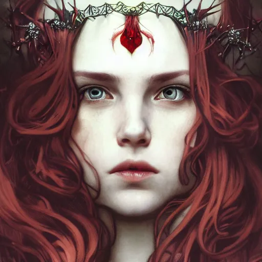 Image similar to portrait of beautiful vampire, rose thorn crown, thorns everywhere, headshot, pale skin, 4k, rule of thirds, extreme detail, detailed drawing, trending artstation, hd, fantasy, D&D, realistic lighting, by Alphonse Mucha, Greg Rutkowski, sharp focus, backlit, bright red hair, closed eyes, realistic, head looking up