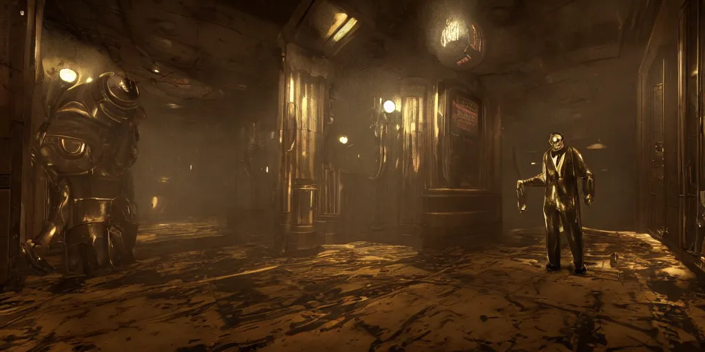 Prompt: bioshock big daddy bouncer in a dark hallway, grimy, grungy, rapture.