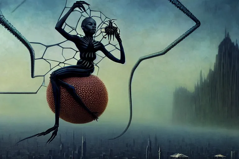 Image similar to realistic detailed closeup portrait movie shot of a beautiful black woman riding a giant spider, dystopian city landscape background by denis villeneuve, amano, yves tanguy, alphonse mucha, max ernst, ernst haeckel, edward robert hughes, roger dean, cyber necklace, rich moody colours, sci fi patterns, wide angle