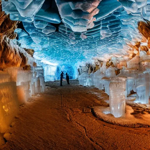 Prompt: a beautiful wide angle photograph of a huge room in an underground cave, magnificent ice formations, colourfully illuminated, incredibly detailed and sharp, award-winning photograph from national geographic image collection