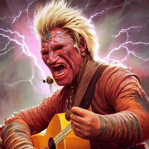 Image similar to detailed photo of a Half-orc bard portrayed by Gary Busey playing a lute to cast a spell, 8k,by Tristan Eaton, Stanley Artgermm, Tom Bagshaw, Greg Rutkowski, Carne Griffiths, trending on DeviantArt, face enhance, hyper detailed ,full of color, dramatic lightning, epic stance