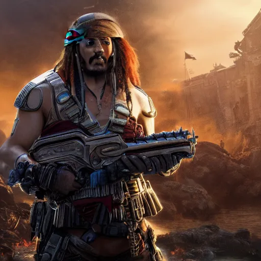 Prompt: ( ( captain jack sparrow ) ) in gears of war, splash art, movie still, cinematic lighting, dramatic, octane render, long lens, shallow depth of field, bokeh, anamorphic lens flare, 8 k, hyper detailed, 3 5 mm film grain