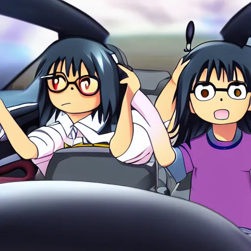 Prompt: Characters from Azumanga Daioh driving a car, in the style of azumanga daioh, 4k, dynamic lighting