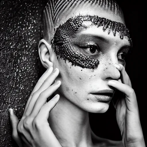 Prompt: fashion photography of a model with the head of a lizard, wearing futuristic hiphop fashion, inside berghain, futuristic fashion, photo 3 5 mm leica, hyperdetail, 8 k, very detailed, black and white