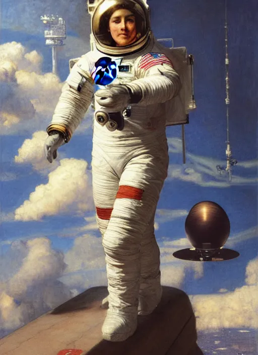 Image similar to Beautiful NASA astronaut in space, portrait by john william waterhouse and Edwin Longsden Long and Theodore Ralli, oil on canvas. Cinematic, hyper realism, realistic proportions, dramatic lighting, high detail 4k