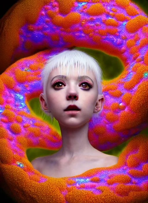 Image similar to hyper detailed 3d render like a Oil painting - kawaii portrait Aurora (white haired Singer Ferret) seen Eating of the Strangling network of yellowcake aerochrome and milky Fruit and Her delicate Hands hold of gossamer polyp blossoms bring iridescent fungal flowers whose spores black the foolish stars by Jacek Yerka, Mariusz Lewandowski, Houdini algorithmic generative render, Abstract brush strokes, Masterpiece, Edward Hopper and James Gilleard, Zdzislaw Beksinski, Mark Ryden, Wolfgang Lettl, hints of Yayoi Kasuma, octane render, 8k