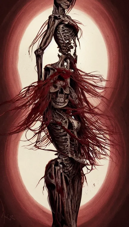 Image similar to woman skeleton body!!, black bones!!, covered with blood, alexandra daddario face!!, long red hair, ultra realistic, concept art, intricate details, highly detailed, photorealistic, octane render, 8 k, unreal engine. retro film still, heavy grain, 3 5 mm, art by artgerm and greg rutkowski and alphonse mucha