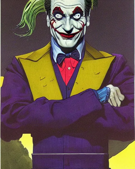 Prompt: portrait of saul goodman as the joker, illustration, art by jean giraud and peter elson