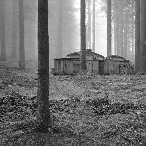 Prompt: film still of a military compound with 2 barracks during ww 2 in the forest, trenches dug around the perimeter, filmgrain, zeiss lens, redshift, octane, foggy diffused lighting