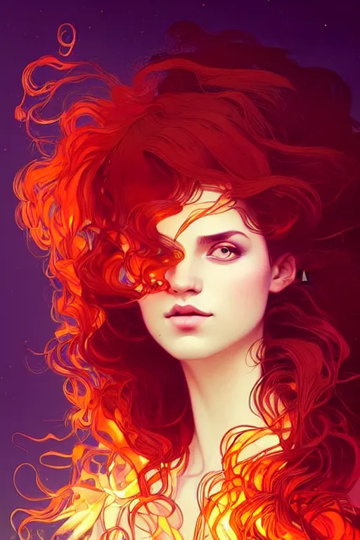 Prompt: a beautiful girl with hair made of fire, fantasy, portrait, sharp focus, intricate, elegant, digital painting, artstation, matte, highly detailed, concept art, illustration, ambient lighting, art by ilya kuvshinov, artgerm, Alphonse mucha, and Greg Rutkowski