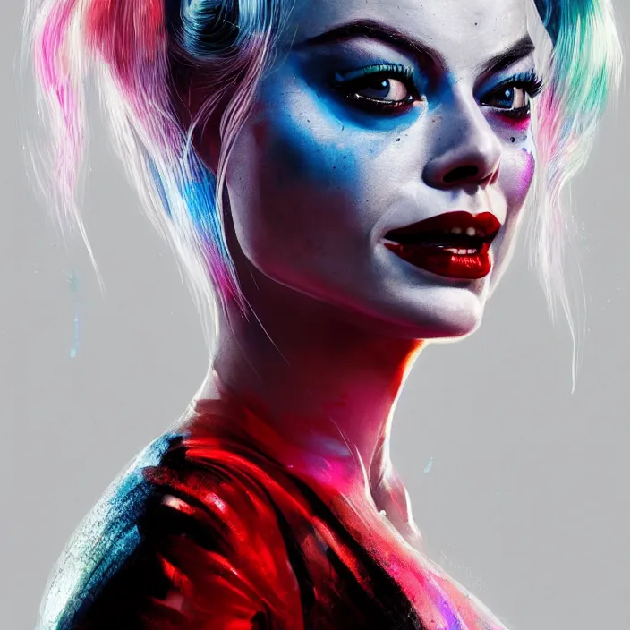 Image similar to portrait of Margot Robbie as a harley quinn. intricate abstract. intricate artwork. by Tooth Wu, wlop, beeple, dan mumford. octane render, trending on artstation, greg rutkowski very coherent symmetrical artwork. cinematic, hyper realism, high detail, octane render, 8k, iridescent accents