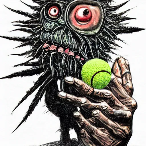 Image similar to a tennis ball monster, smoking weed, digital art, fantasy, magic, trending on artstation, ultra detailed, professional illustration by Basil Gogos