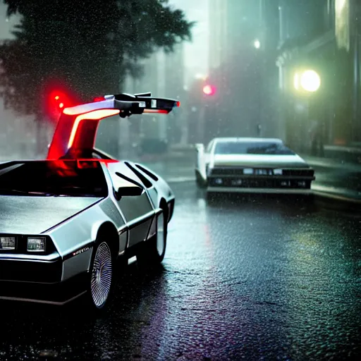 Image similar to hyperdetailed, photorealistic photograph of a dmc 1 2 delorean driving in the streets, rain, night, dense fog, hd, unreal engine 5 by greg rutowski, by stanley artgerm, by alphonse mucha