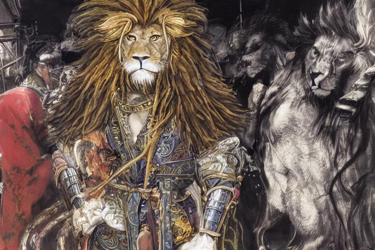 Image similar to 8k Yoshitaka Amano painting of upper body of a young cool looking lion beast-man with white mane at a medieval market at windy day. Depth of field. He is wearing complex fantasy bohemian clothing. He has huge paws. Renaissance style lighting.