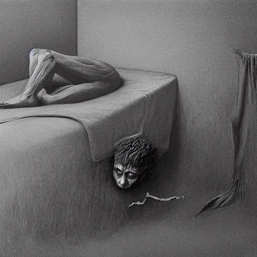 Prompt: Monster under the bed by zdzisław beksiński