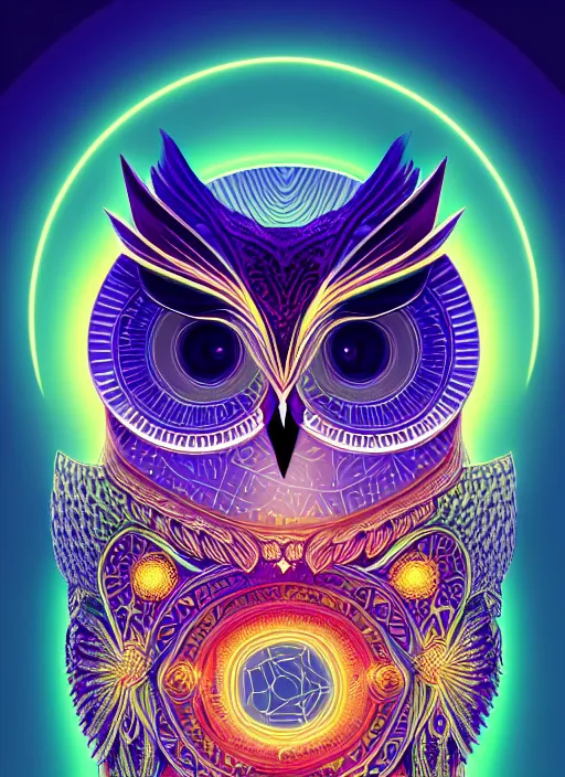 Image similar to symmetry!! product render poster vivid colors divine proportion owl, 神 圣, glowing fog intricate, elegant, highly detailed, digital painting, artstation, concept art, smooth, sharp focus, illustration,