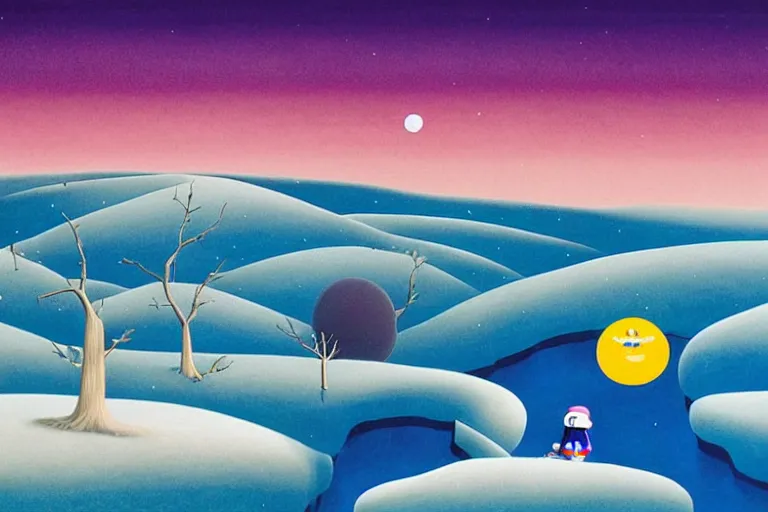 Prompt: A barren winter landscape by Chiho Aoshima and Salvador Dali