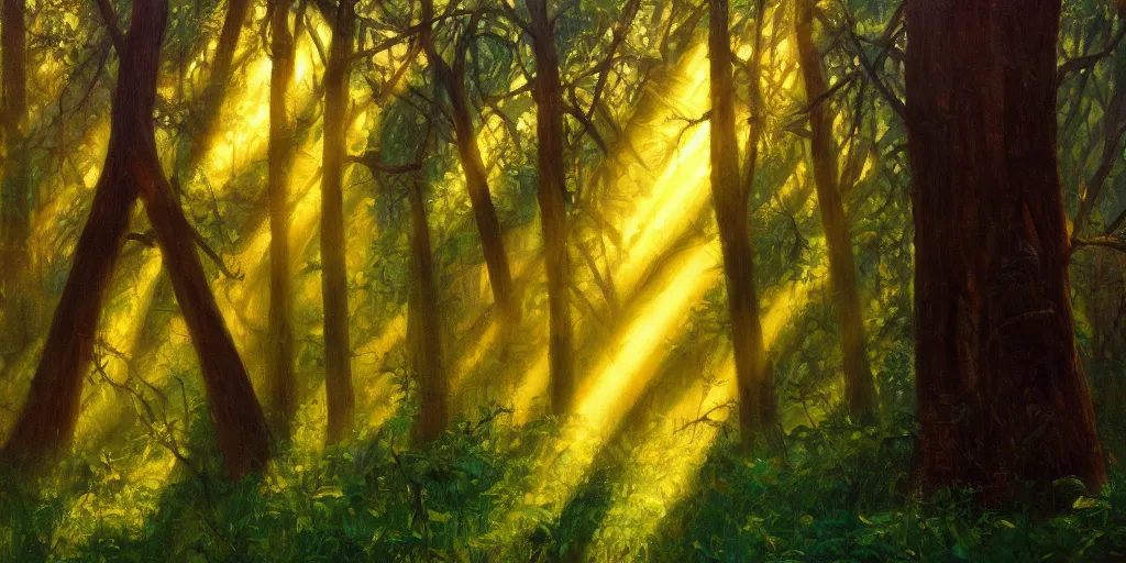 Prompt: An oil painting of an intensely beautiful forest in the morning; rays of light coming through the canopy