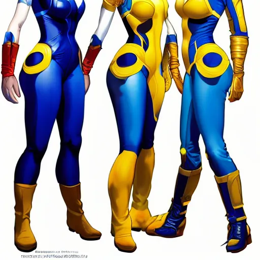 Image similar to character sheet of power girl wearing blue full bodysuit, yellow Jacket, blue backpack and yellow boots by Stanley Artgerm Lau, WLOP, Rossdraws, James Jean, Andrei Riabovitchev, Marc Simonetti, Yoshitaka Amano, ArtStation, CGSociety