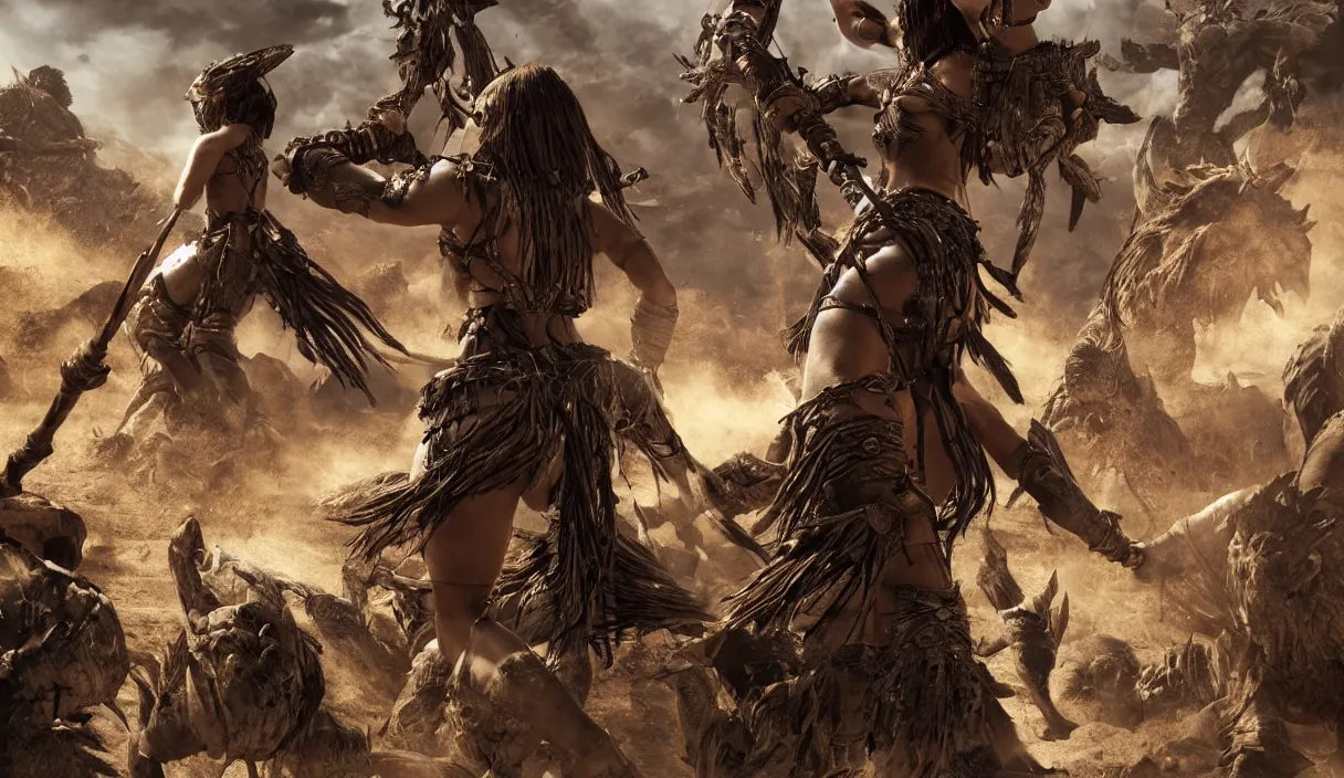 Image similar to long distance photo of ancient tribewoman standing against barbarians, in armor from monster hunter, attacking barbarian horde in the background, back shot, muscular bodies, dramatic lighting, cinematic, establishing shot, extremely high detail, photorealistic, 300 the movie,monster hunter the movie, dune the movie, cinematic lighting, artstation, octane render, western,old photo, vintage