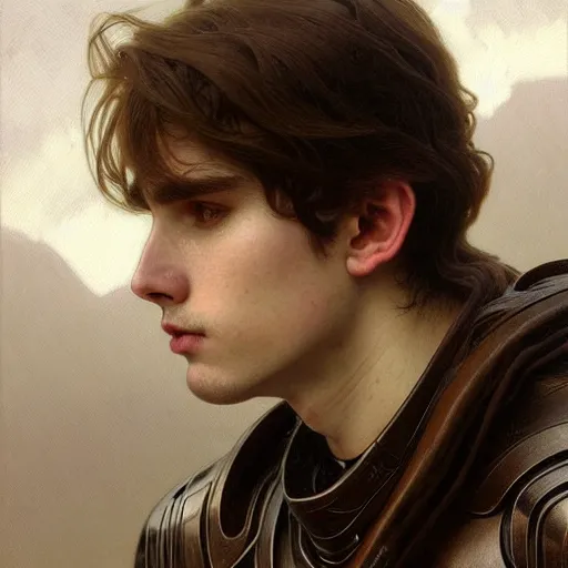 Image similar to portrait painting of a pale serious young man with soft face and medium brown wavy hair wearing armor, ultra realistic, small orbit, concept art, intricate details, eerie, highly detailed, pursed lips, melancholy expression, photorealistic, wide upturn nose, prominent chin, octane render, 8 k, unreal engine. art by artgerm greg rutkowski alphonse mucha